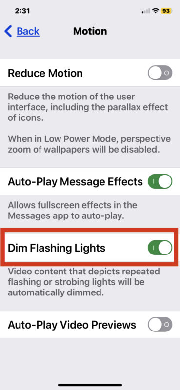 Abbassa automaticamente le luci lampeggianti e le luci stroboscopiche nei video su iPhone e iPad