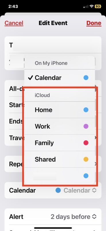 Cambia un evento da locale a Calendario iCloud su iPhone o iPad