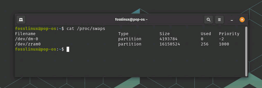 usando il comando cat per trovare lo spazio di swap