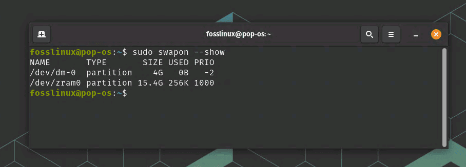 verifica dello scambio utilizzando il comando swapon