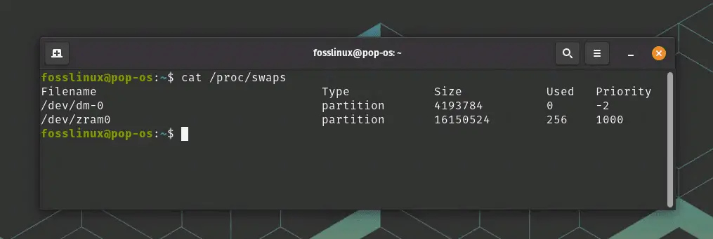 usando il comando cat per trovare lo spazio di swap
