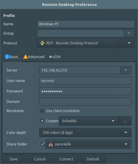 Preferenze desktop di base di Remmina