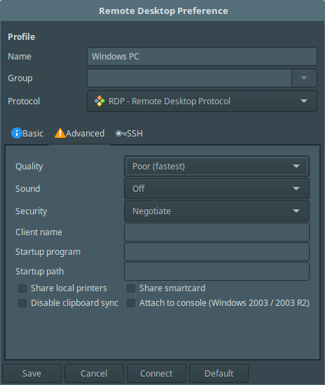 Impostazioni avanzate del desktop di Remmina