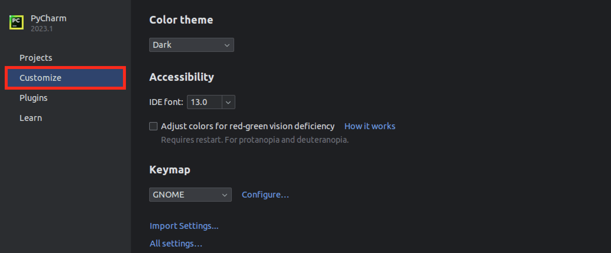personalizza il pycharm