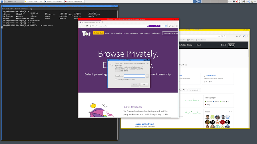 Desktop del sistema operativo Qubes