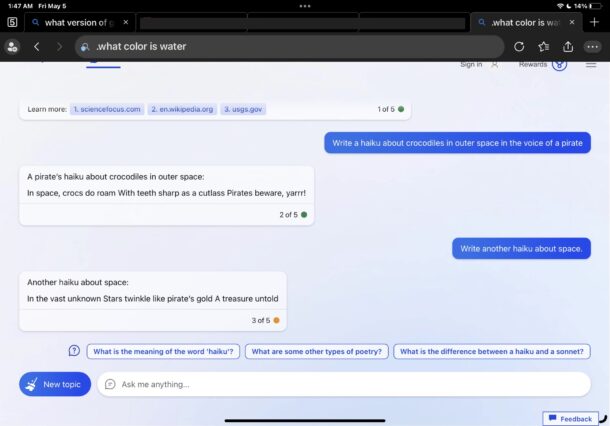 Utilizzo del chat bot Bing AI ChatGPT in Edge per iPhone e iPad