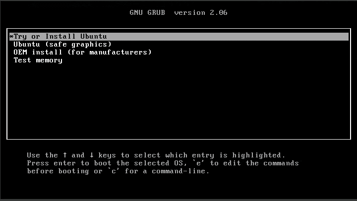 avvio nell'ambiente live di Ubuntu