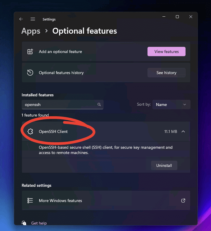 Il client openssh è già abilitato su Windows 11
