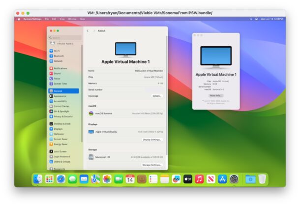 MacOS Sonoma beta aggiornato in esecuzione su una macchina virtuale