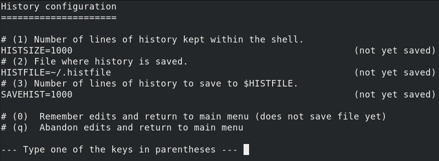 Seleziona Opzioni di configurazione Zsh