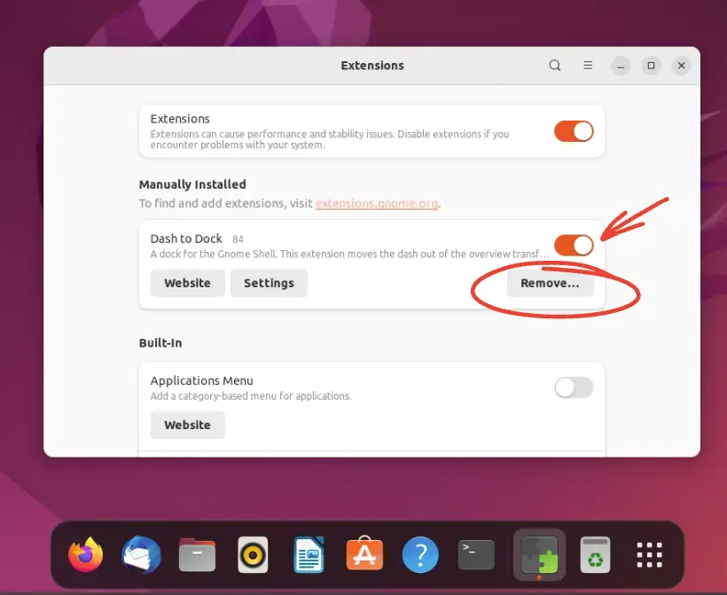 disabilitare o rimuovere l'estensione dash to dock gnome