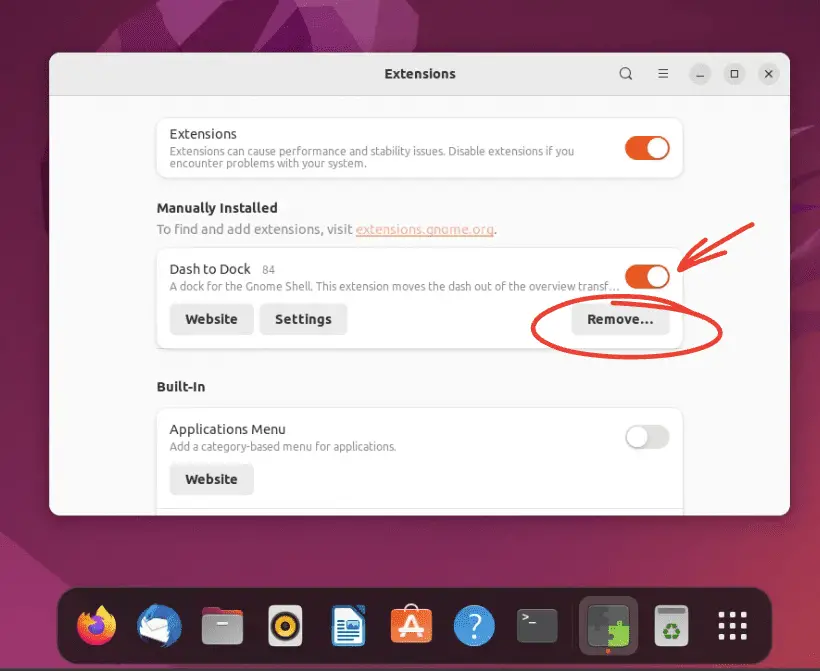 disabilitare o rimuovere l'estensione dash to dock gnome