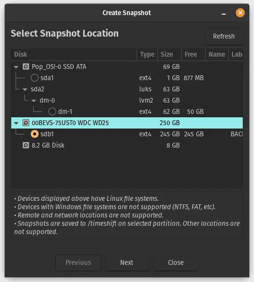 seleziona la posizione di backup