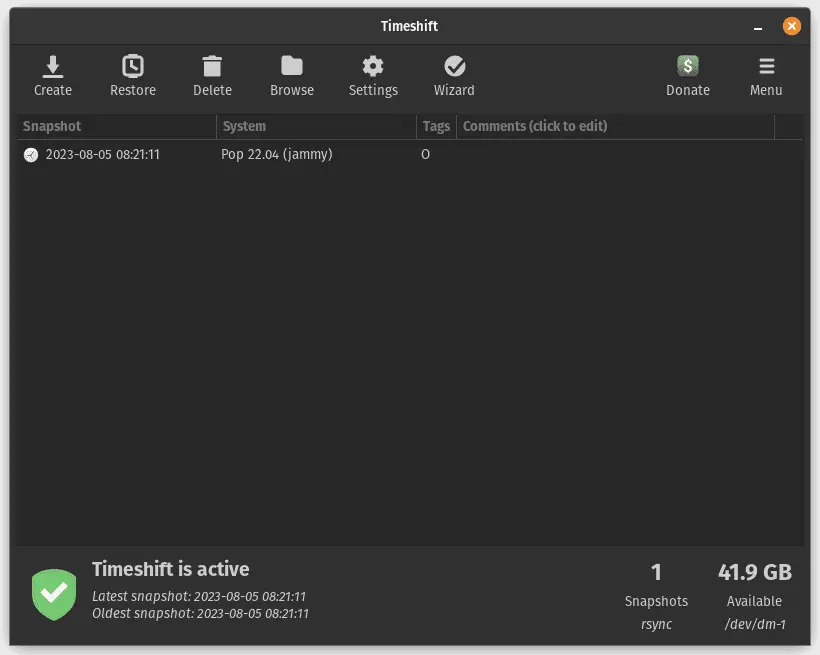 avviare l'applicazione Timeshift
