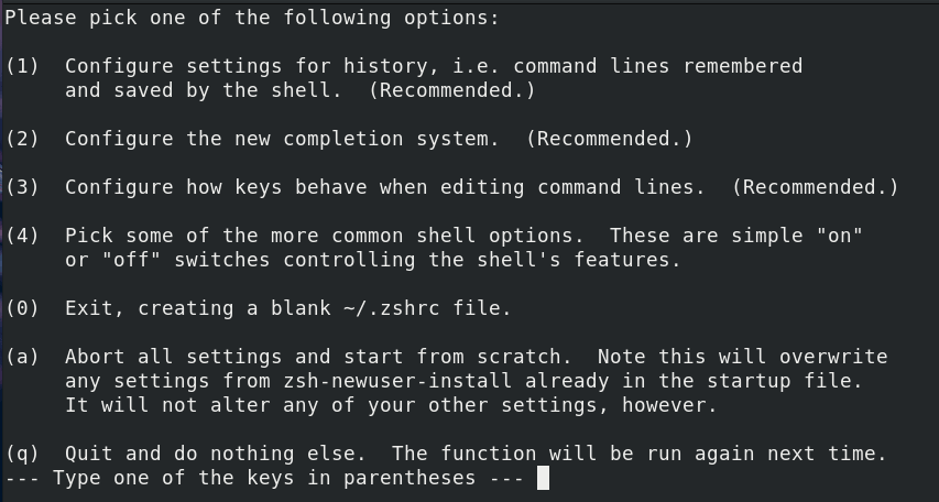 Opzioni di configurazione Zsh