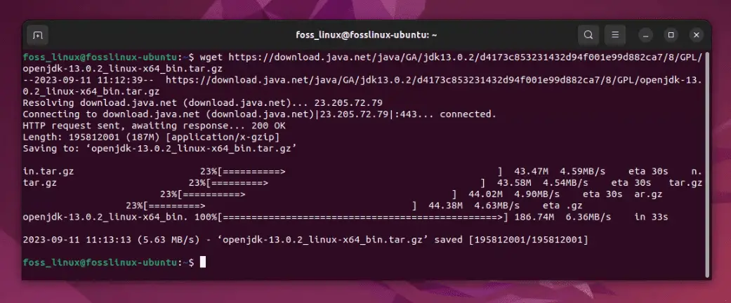 download del file tar openjdk 13 su Ubuntu utilizzando wget