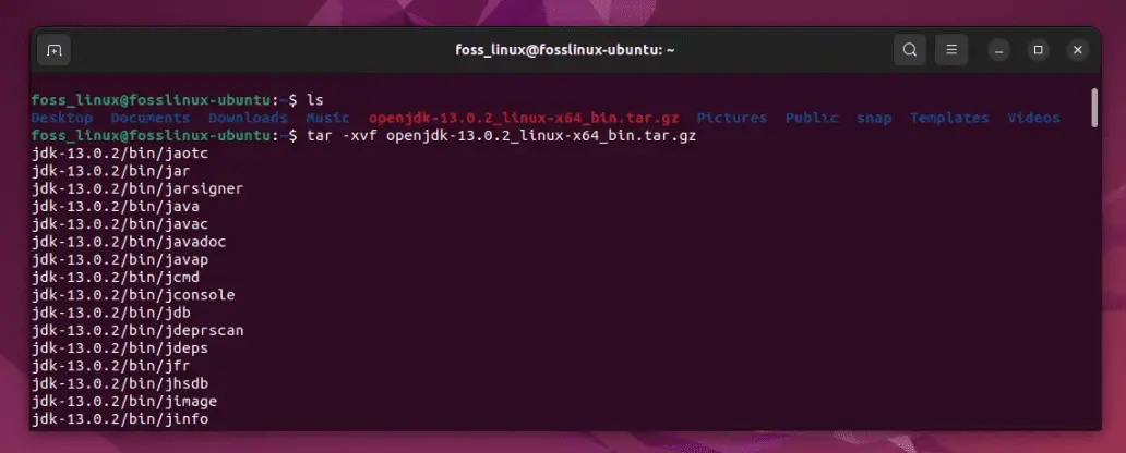 estrazione del file openjdk 13 tar gz su Ubuntu