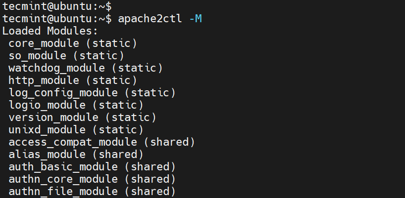 Visualizza i moduli Apache