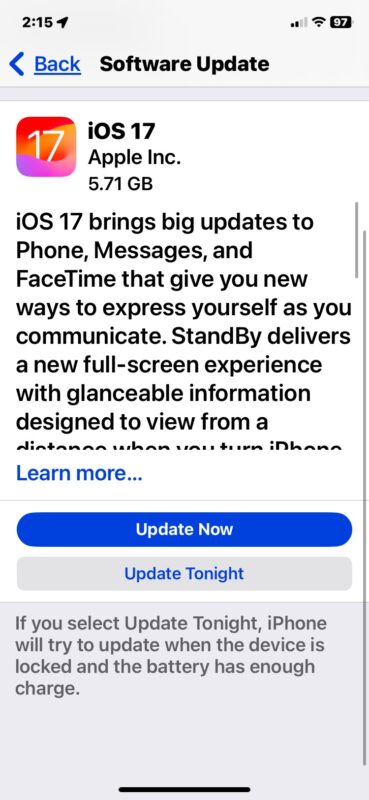 Aggiornamento download iOS 17