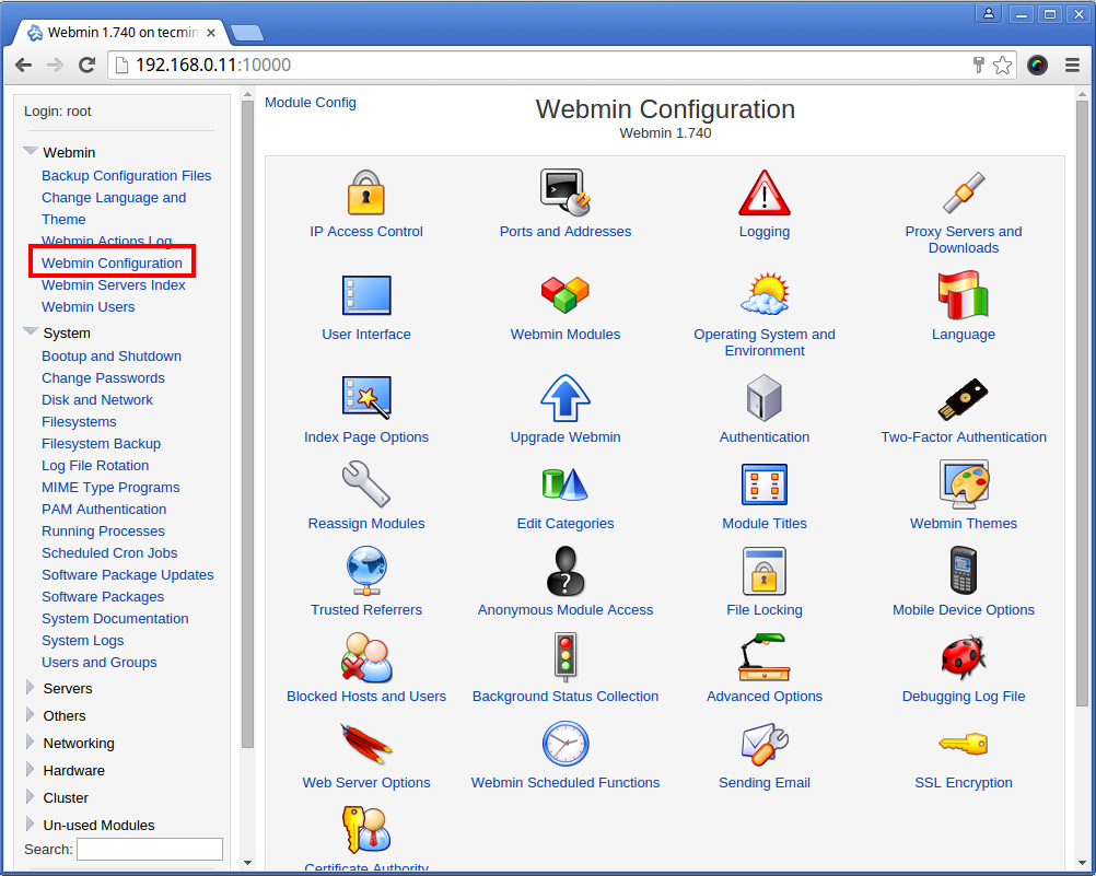 Configurazione Webmin