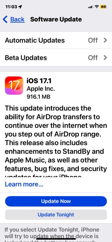 Aggiornamento iOS 17.1