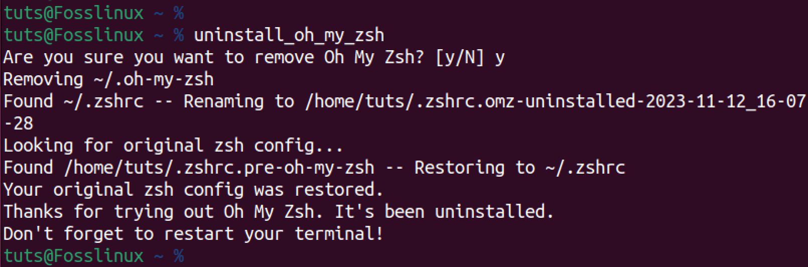 disinstalla oh mio zsh