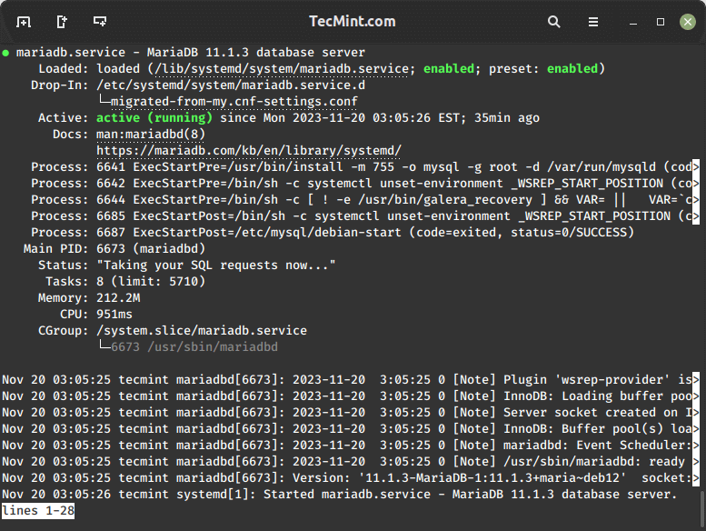 Controlla lo stato di esecuzione di MariaDB
