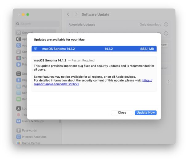 Aggiornamento macOS Sonoma 14.1.2