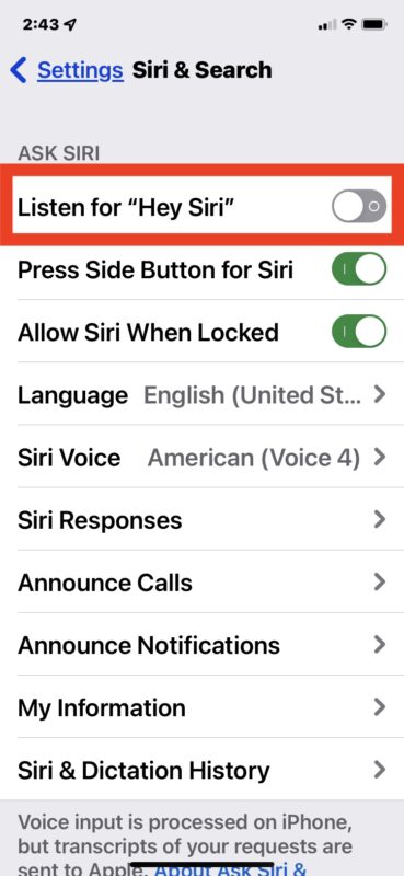 Interrompi l'ascolto di Siri su iPhone disabilitando Hey Siri