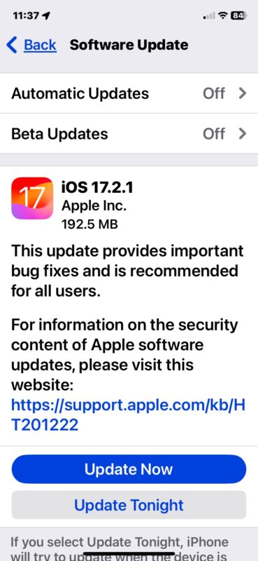 Aggiornamento iOS 17.2.1 per iPhone