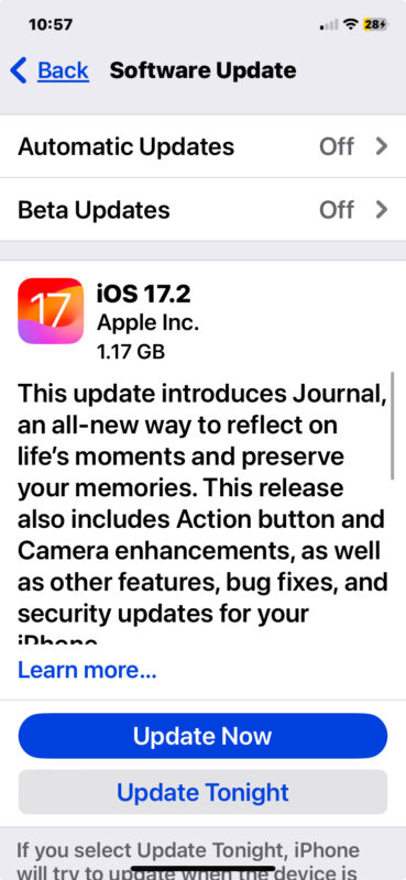 Aggiornamento del software iOS 17.2