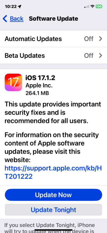 Aggiornamento iOS 17.1.2 per iPhone