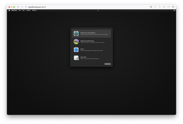 Modalità di ripristino MacOS caricata in UTM su Apple Silicon Mac