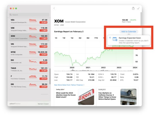 Come aggiungere le date dei report sugli utili al tuo calendario dall'app Borsa su iPhone, iPad e Mac