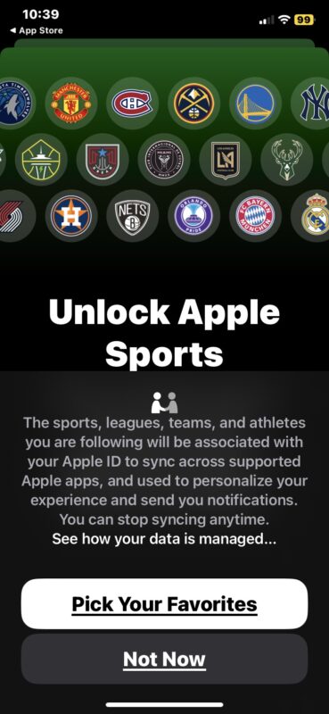 Apple Sports sceglie le tue squadre preferite al primo lancio