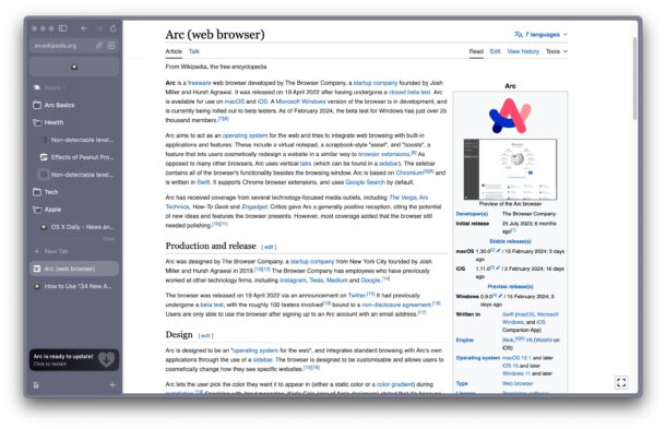 Barra laterale del browser Arc