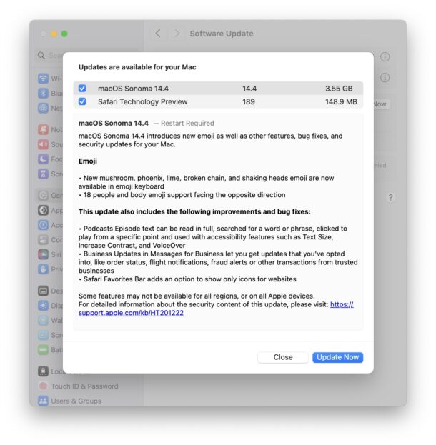 Aggiornamento macOS Sonoma 14.4