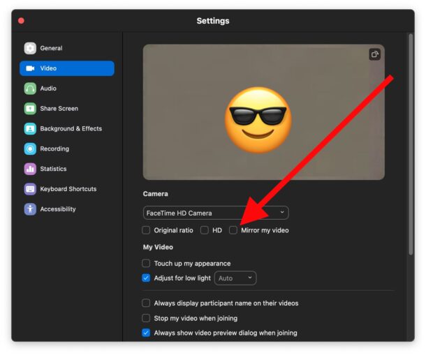 Disabilitare il video mirror su Zoom per Mac