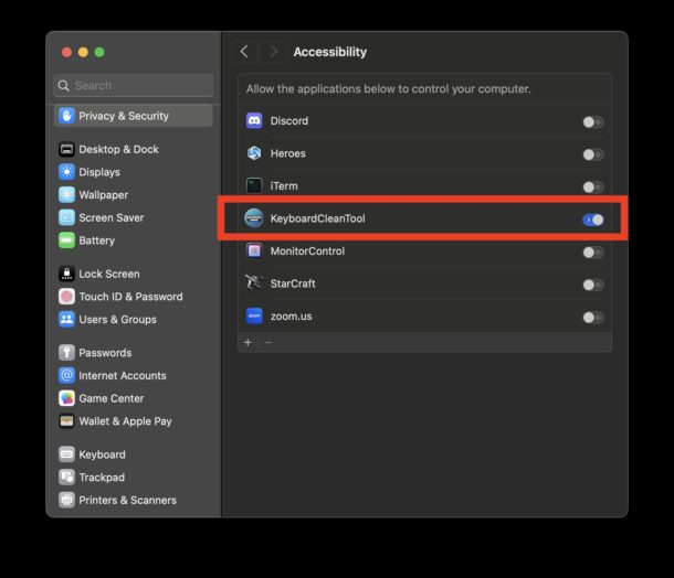 KeyboardCleanTool su macOS Sonoma