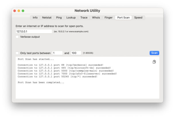 Utilità Neo Network su Mac con scansione delle porte
