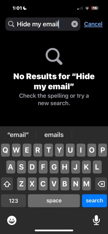 La ricerca di nascondere la mia email su iPhone in App Impostazioni non trova nulla