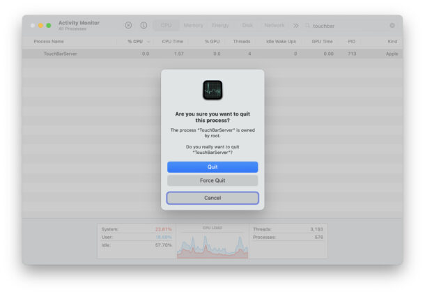 Uccidi e rilancia il processo touchbarserver su Mac