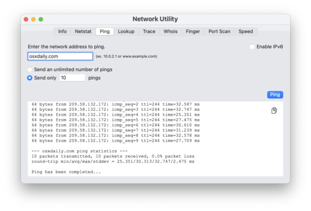 Neo Network Utility su Mac utilizzando Ping