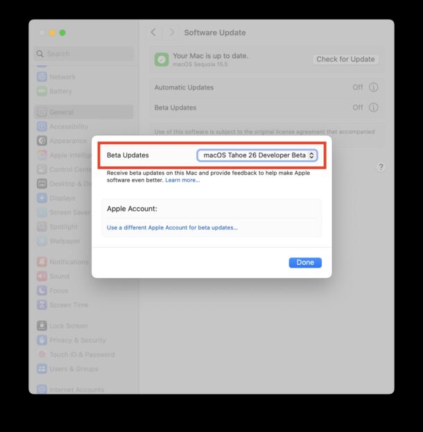 Seleziona macos tahoe 26 sviluppatore beta
