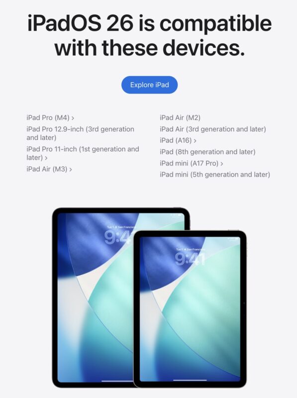 Elenco di iPados 26 Modelli iPad supportati
