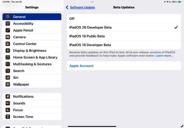 Seleziona iPados 26 beta
