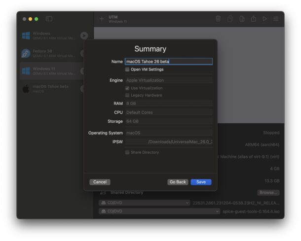 Nomina la macchina virtuale creata per tahoe beta