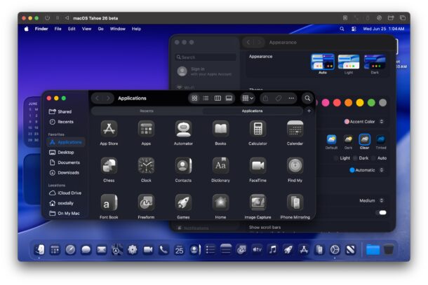 Vetro liquido a tema oscuro con apparenza chiara in macos tahoe
