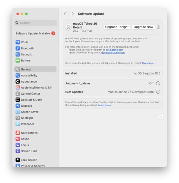 Macos tahoe 26 beta è disponibile attraverso l'aggiornamento del software