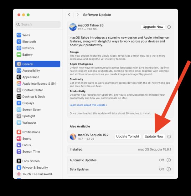 L'aggiornamento di MacOS Sequoia 15.7 è nascosto sotto l'aggiornamento Tahoe